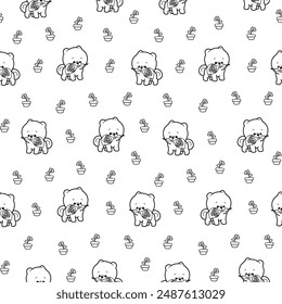 Cute kawaii pomeranian dog. Seamless pattern. Coloring Page. Cartoon character. Vector drawing. Design ornaments.