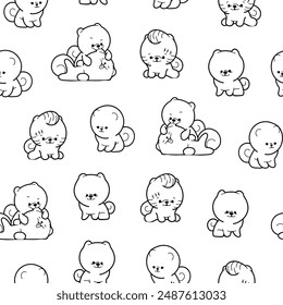 Cute kawaii pomeranian dog. Seamless pattern. Coloring Page. Cartoon character. Vector drawing. Design ornaments.