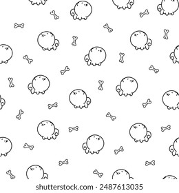 Cute kawaii pomeranian dog. Seamless pattern. Coloring Page. Cartoon character. Vector drawing. Design ornaments.