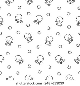 Cute kawaii pomeranian dog. Seamless pattern. Coloring Page. Cartoon character. Vector drawing. Design ornaments.