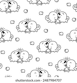 Cute kawaii pomeranian dog. Seamless pattern. Coloring Page. Cartoon character. Vector drawing. Design ornaments.