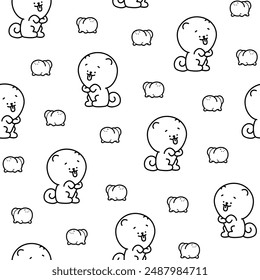 Cute kawaii pomeranian dog. Seamless pattern. Coloring Page. Cartoon character. Vector drawing. Design ornaments.