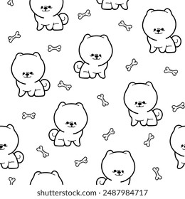 Cute kawaii pomeranian dog. Seamless pattern. Coloring Page. Cartoon character. Vector drawing. Design ornaments.