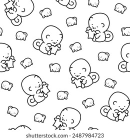 Cute kawaii pomeranian dog. Seamless pattern. Coloring Page. Cartoon character. Vector drawing. Design ornaments.