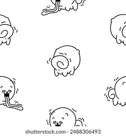 Cute kawaii pomeranian dog. Seamless pattern. Coloring Page. Cartoon character. Vector drawing. Design ornaments.