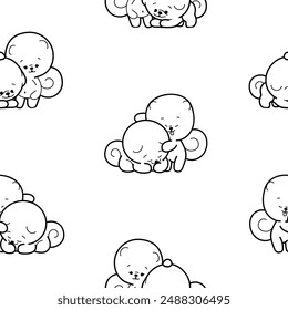 Cute kawaii pomeranian dog. Seamless pattern. Coloring Page. Cartoon character. Vector drawing. Design ornaments.