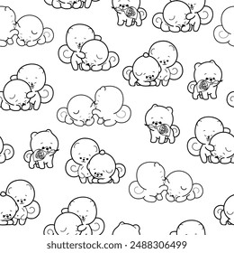 Cute kawaii pomeranian dog. Seamless pattern. Coloring Page. Cartoon character. Vector drawing. Design ornaments.