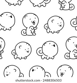 Cute kawaii pomeranian dog. Seamless pattern. Coloring Page. Cartoon character. Vector drawing. Design ornaments.