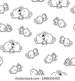 Cute kawaii pomeranian dog. Seamless pattern. Coloring Page. Cartoon character. Vector drawing. Design ornaments.