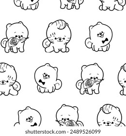 Cute kawaii pomeranian dog. Seamless pattern. Coloring Page. Cartoon character. Vector drawing. Design ornaments.