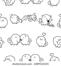 Cute kawaii pomeranian dog. Seamless pattern. Coloring Page. Cartoon character. Vector drawing. Design ornaments.