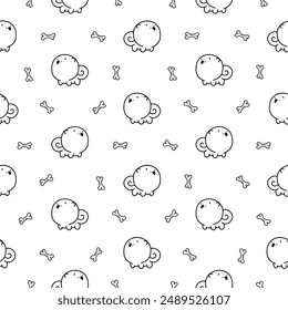 Cute kawaii pomeranian dog. Seamless pattern. Coloring Page. Cartoon character. Vector drawing. Design ornaments.