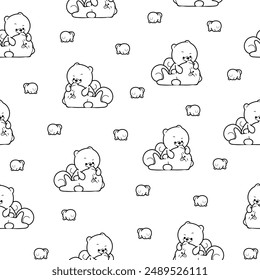 Cute kawaii pomeranian dog. Seamless pattern. Coloring Page. Cartoon character. Vector drawing. Design ornaments.