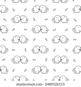 Cute kawaii pomeranian dog. Seamless pattern. Coloring Page. Cartoon character. Vector drawing. Design ornaments.