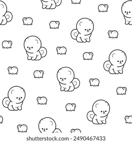 Cute kawaii pomeranian dog. Seamless pattern. Coloring Page. Cartoon character. Vector drawing. Design ornaments.