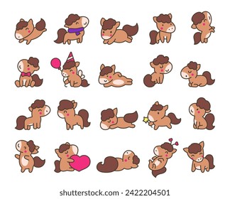 Cute kawaii pony. Cartoon funny baby horse characters. Hand drawn style. Vector drawing. Collection of design elements.