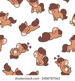Cute kawaii pony. Seamless pattern. Cartoon funny baby horse characters. Hand drawn style. Vector drawing. Design ornaments.