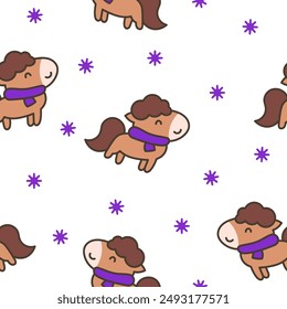 Cute kawaii pony. Seamless pattern. Cartoon funny baby horse characters. Hand drawn style. Vector drawing. Design ornaments.