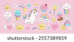 Cute Kawaii Pony Unicorn with funny rainbow desserts, cupcakes and ice cream characters. Hand drawn Cartoon kawaii style Happy Birthday elements collections. Pastel soft colors vector illustration 