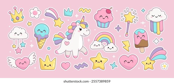 Nettes Kawaii Pony Einhorn mit lustigen Regenbogen Desserts, Cupcakes und Eiscreme-Figuren. Handgezeichnete Cartoon kawaii Stil Happy Birthday Elemente Kollektionen. Weiche Pastellfarben, Vektorgrafik 