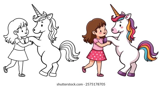 Cute Kawaii Pony Unicorn Playing With A Girl Line Art Vector Illustration Black and White with Coloring Sample. Bold and Easy Animals Coloring Pages for Adults and Kids. Kids apparel print design