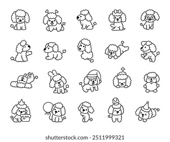 Cute kawaii poodle dog character. Coloring Page. Funny cartoon pet. Hand drawn style. Vector drawing. Collection of design elements.