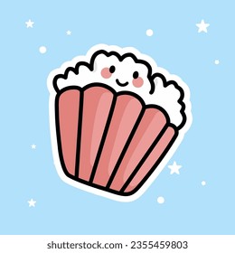Cute Kawaii Pop Corn is isolated on a blue background. Vector - Illustration.