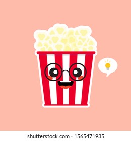 Cute and Kawaii Pop Corn Popcorn in Red Bucket Box Cinema Snack Vector Illustration Cartoon Character Icon in flat design. 