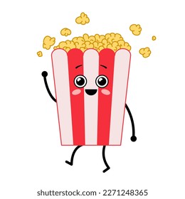 Cute kawaii popcorn. Cartoon character popcorn. Vector illustration isolated on white background