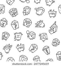 Cute kawaii popcorn character. Seamless pattern. Coloring Page. Cartoon funny striped bucket of crunchy food. Hand drawn style. Vector drawing. Design ornaments.