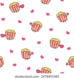 Cute kawaii popcorn character. Seamless pattern. Cartoon funny striped bucket of crunchy food. Hand drawn style. Vector drawing. Design ornaments.