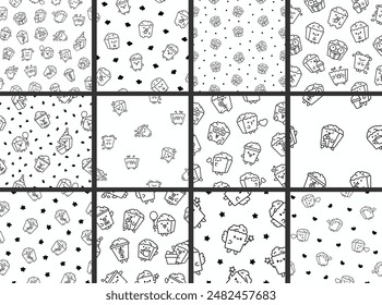 Cute kawaii popcorn character. Seamless pattern. Coloring Page. Cartoon funny striped bucket of crunchy food. Hand drawn style. Vector drawing. Collection of design ornaments.