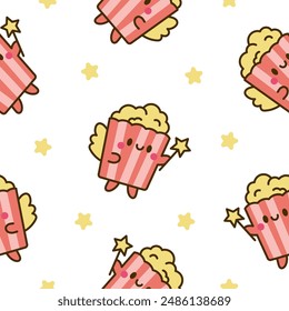 Cute kawaii popcorn character. Seamless pattern. Cartoon funny striped bucket of crunchy food. Hand drawn style. Vector drawing. Design ornaments.
