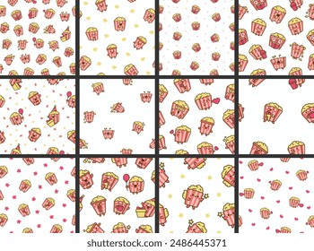 Cute kawaii popcorn character. Seamless pattern. Cartoon funny striped bucket of crunchy food. Hand drawn style. Vector drawing. Collection of design ornaments.