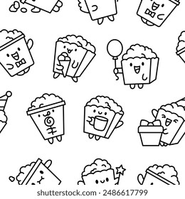 Cute kawaii popcorn character. Seamless pattern. Coloring Page. Cartoon funny striped bucket of crunchy food. Hand drawn style. Vector drawing. Design ornaments.