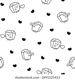 Cute kawaii popcorn character. Seamless pattern. Coloring Page. Cartoon funny striped bucket of crunchy food. Hand drawn style. Vector drawing. Design ornaments.