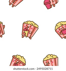 Cute kawaii popcorn character. Seamless pattern. Cartoon funny striped bucket of crunchy food. Hand drawn style. Vector drawing. Design ornaments.