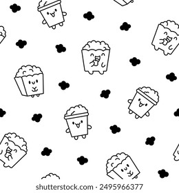 Cute kawaii popcorn character. Seamless pattern. Coloring Page. Cartoon funny striped bucket of crunchy food. Hand drawn style. Vector drawing. Design ornaments.