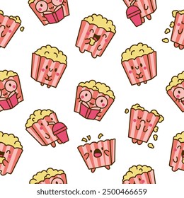 Cute kawaii popcorn character. Seamless pattern. Cartoon funny striped bucket of crunchy food. Hand drawn style. Vector drawing. Design ornaments.