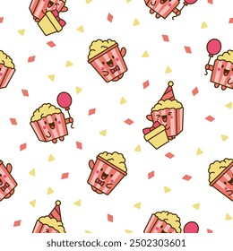 Cute kawaii popcorn character. Seamless pattern. Cartoon funny striped bucket of crunchy food. Hand drawn style. Vector drawing. Design ornaments.