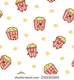 Cute kawaii popcorn character. Seamless pattern. Cartoon funny striped bucket of crunchy food. Hand drawn style. Vector drawing. Design ornaments.