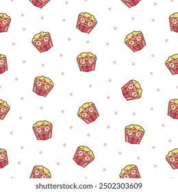 Cute kawaii popcorn character. Seamless pattern. Cartoon funny striped bucket of crunchy food. Hand drawn style. Vector drawing. Design ornaments.