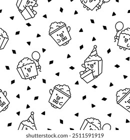 Cute kawaii popcorn character. Seamless pattern. Coloring Page. Cartoon funny striped bucket of crunchy food. Hand drawn style. Vector drawing. Design ornaments.