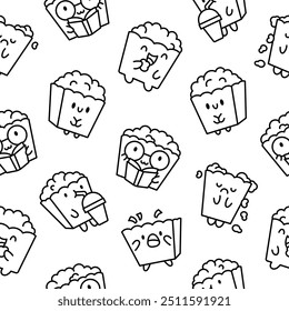 Cute kawaii popcorn character. Seamless pattern. Coloring Page. Cartoon funny striped bucket of crunchy food. Hand drawn style. Vector drawing. Design ornaments.