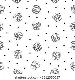 Cute kawaii popcorn character. Seamless pattern. Coloring Page. Cartoon funny striped bucket of crunchy food. Hand drawn style. Vector drawing. Design ornaments.