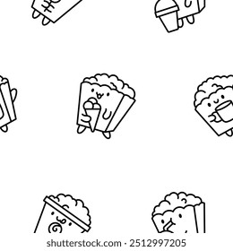 Cute kawaii popcorn character. Seamless pattern. Coloring Page. Cartoon funny striped bucket of crunchy food. Hand drawn style. Vector drawing. Design ornaments.
