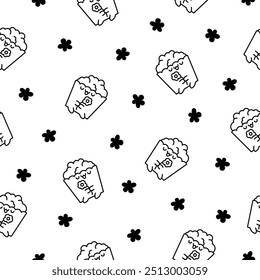 Cute kawaii popcorn character. Seamless pattern. Coloring Page. Cartoon funny striped bucket of crunchy food. Hand drawn style. Vector drawing. Design ornaments.