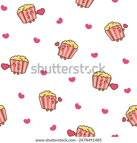 Cute kawaii popcorn character. Seamless pattern. Cartoon funny striped bucket of crunchy food. Hand drawn style. Vector drawing. Design ornaments.