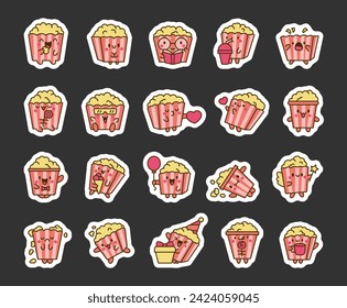 Cute kawaii popcorn character. Sticker Bookmark. Cartoon funny striped bucket of crunchy food. Hand drawn style. Vector drawing. Collection of design elements.