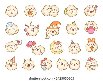 Cute kawaii popcorn with a smile. Cartoon funny food character. Hand drawn style. Vector drawing. Collection of design elements.